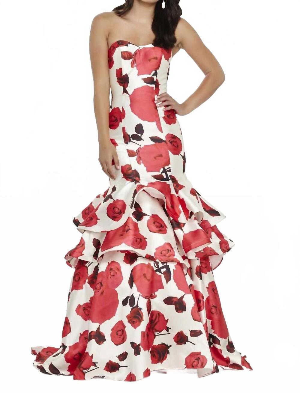 NEW JOSH & JAZZ floral mikado ruffled mermaid prom dress in ivory/fuchsia/red